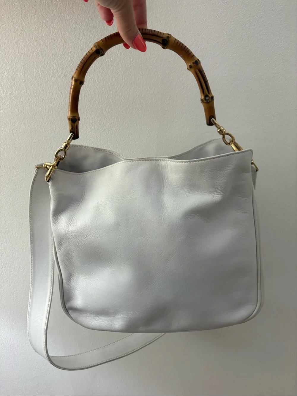 Gucci White Leather Bamboo-Handle Bag